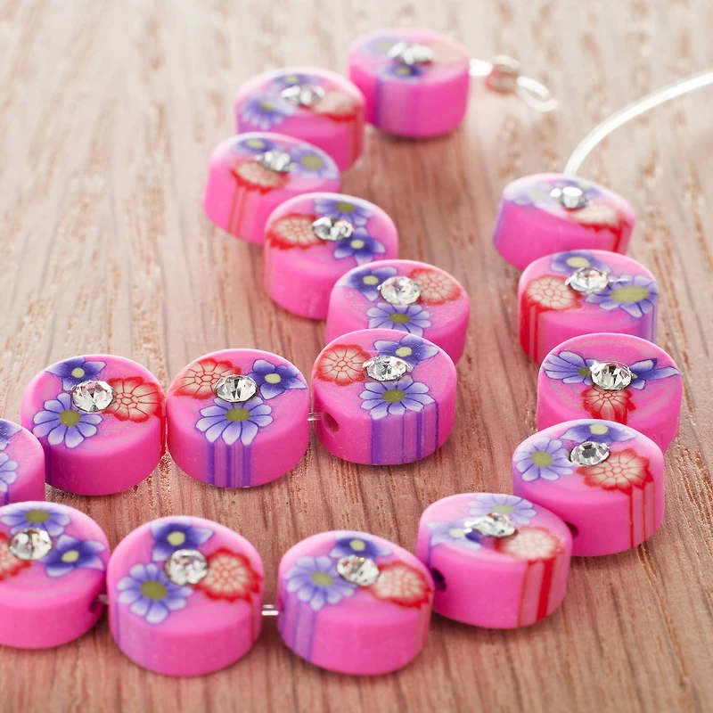 Pink Flower Rhinestone Clay Lentil Beads, 10mm by Bead Landing™