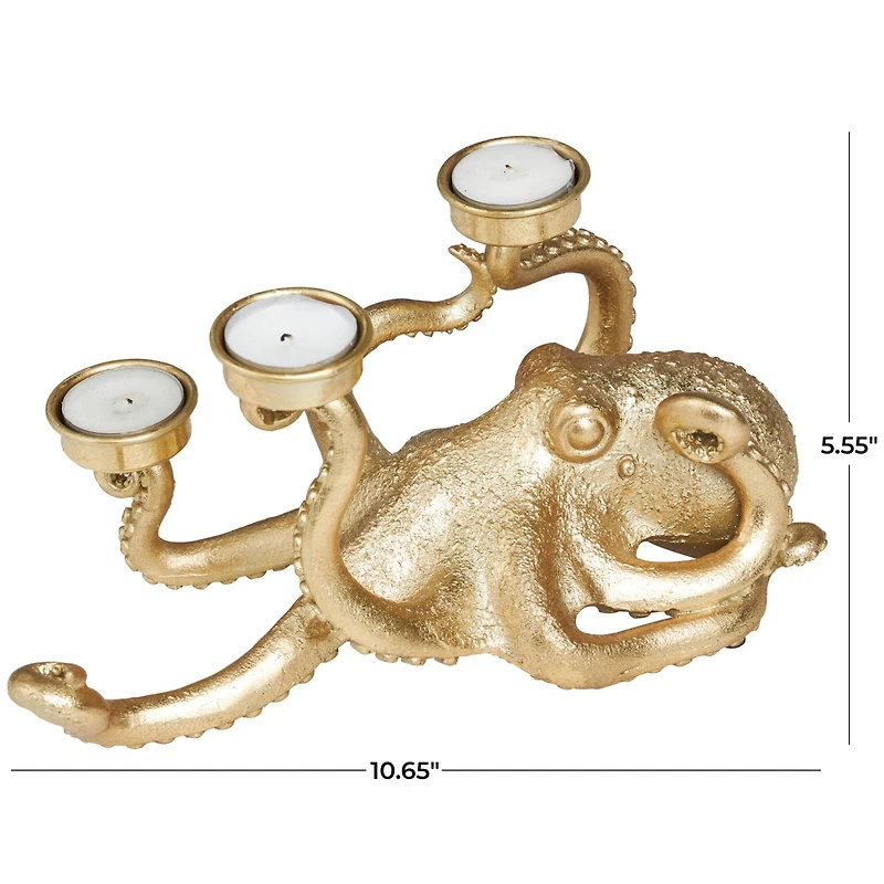 11" Gold Polystone Textured Octopus Candelabra with Tentacle Candle Slots