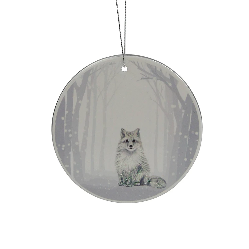 White & Silver Porcelain Arctic Fox Disc Ornament