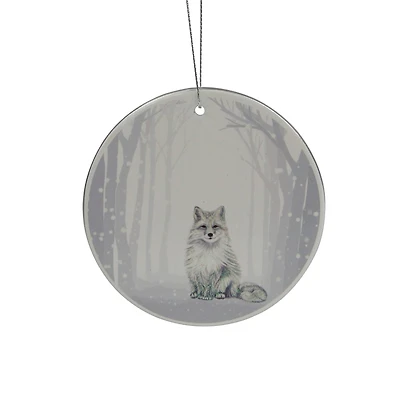 White & Silver Porcelain Arctic Fox Disc Ornament