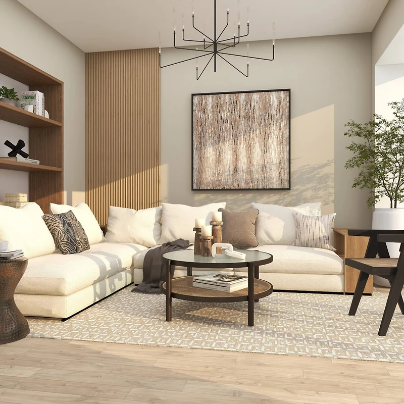 34" Brown Rattan Coffee Table with Pressed Tempered Glass Top