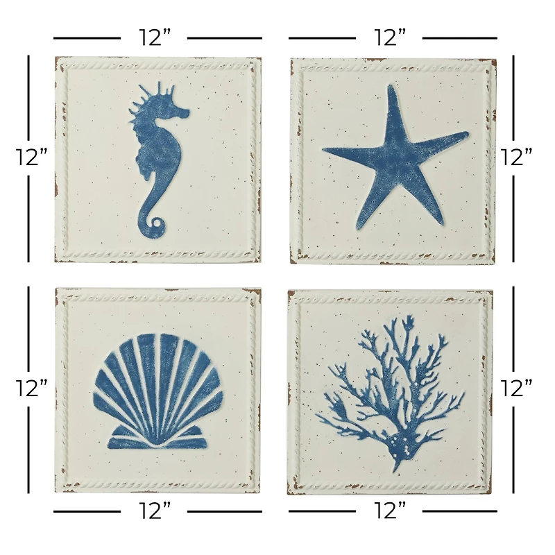 Set of 4 White Metal Coastal Wall Decor, 12" x 12"