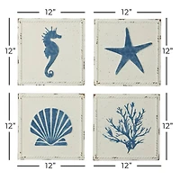 Set of 4 White Metal Coastal Wall Decor, 12" x 12"