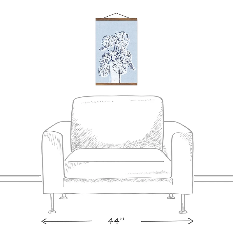 Blue Monstera Drawing Teak Hanging Canvas Wall Art