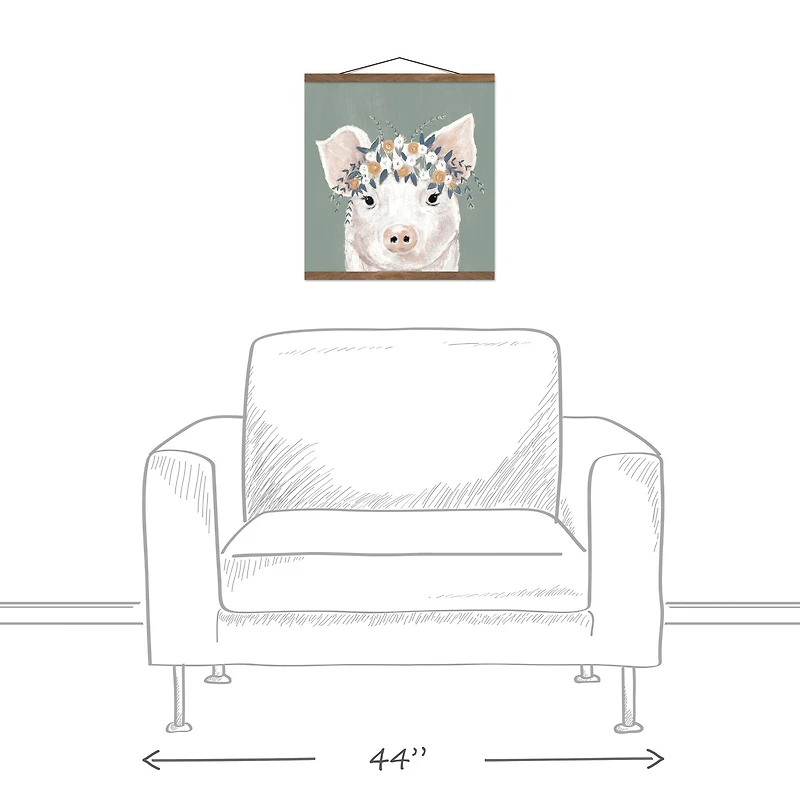 Pig With Flowers 16" x 16" Teak Hanging Canvas
