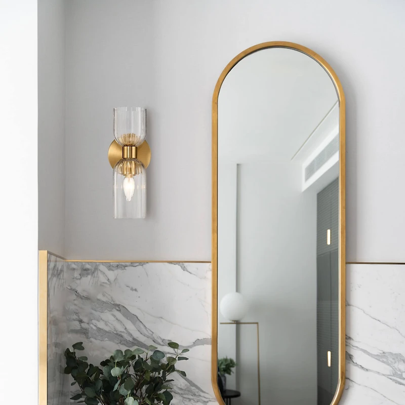 Hello Honey® Josephine Brushed Gold Mid-Century Modern Metal & Clear Ribbed Glass Wall Light