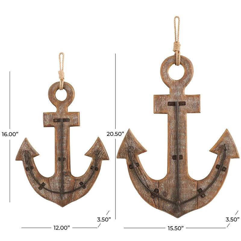 Whitewashed Brown Wood Anchor Wall Hook Set with 4 Bronze Hangers and Hanging Rope