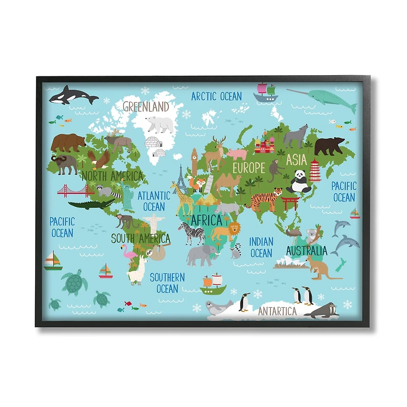 Stupell Industries Kid's Animal World Map Favorite Regional Wildlife in Frame Wall Art