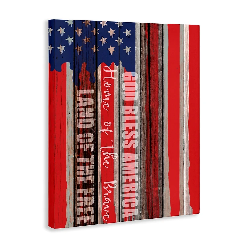Stupell Industries God Bless America Wood Grain Flag Red White Blue Americana Canvas Wall Art