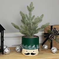 14.75" Unlit Lightly Frosted Mini Christmas Tree in Green Nutcracker Ceramic Pot