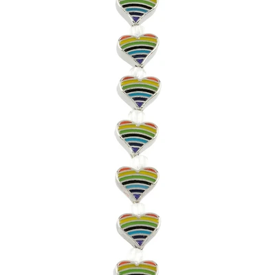 Rainbow Stripe & Rhodium Heart Beads, 9mm by Bead Landing™