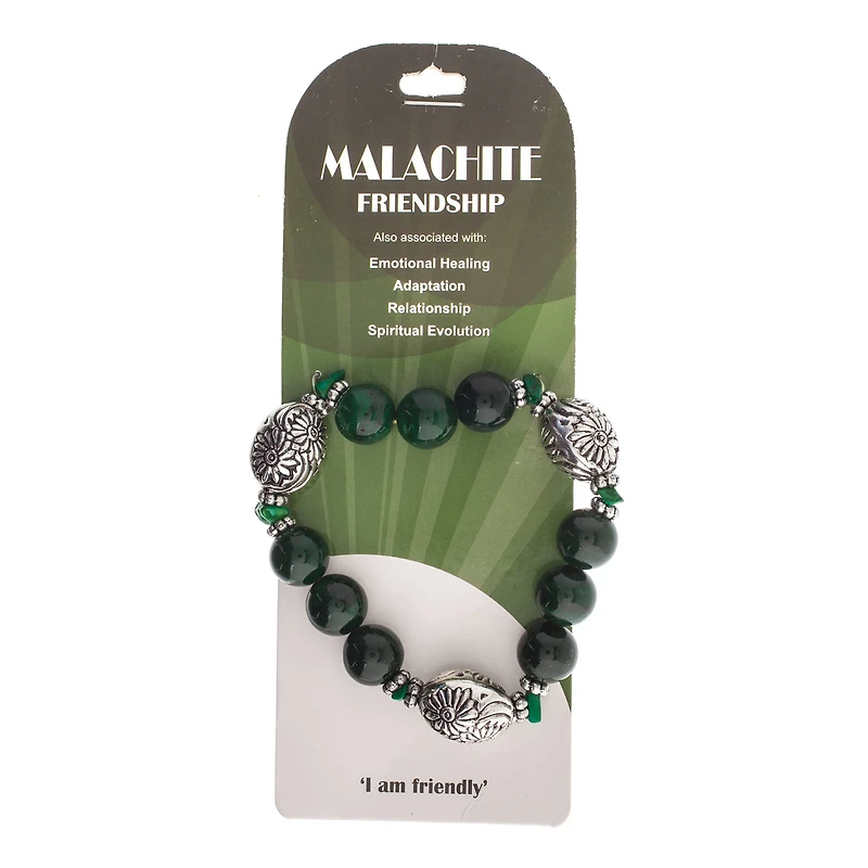 John Bead Malachite Natural Stone Stretch Bracelet with Flower Beads