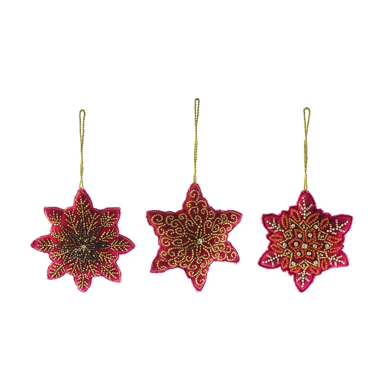 Hello Honey® 3 Pack 4.75" Red & Gold Bead Embroidered Snowflake Cotton Velvet Ornaments