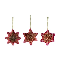 Hello Honey® 3 Pack 4.75" Red & Gold Bead Embroidered Snowflake Cotton Velvet Ornaments