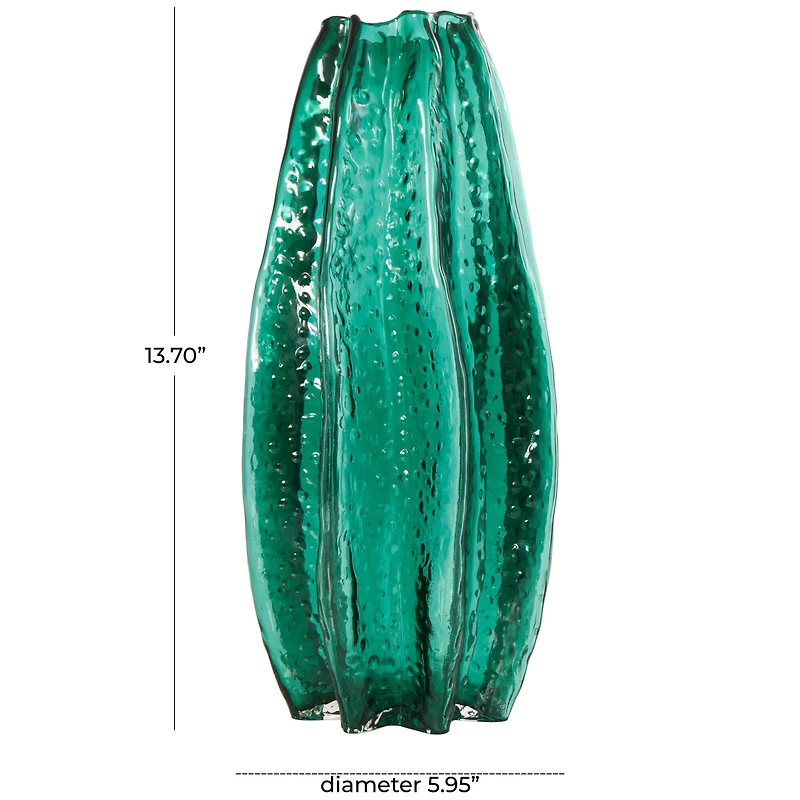 14" Green Wavy Glass Vase