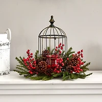 15" Pine & Berry Birdhouse Candelabrum