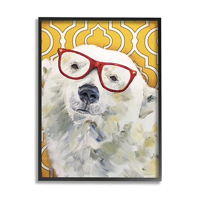 Stupell Industries Polar Bear Red Glasses Bold Yellow Geometric Pattern Framed Wall Art