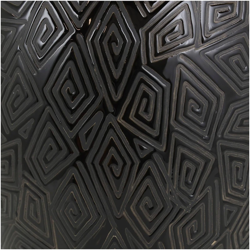 19" Black Ceramic Vase with Geometric Etchings