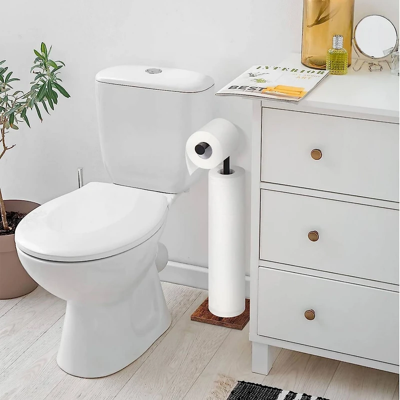 NEX™ 21" Black Freestanding Metal Toilet Paper Holder with Square Woodgrain Base