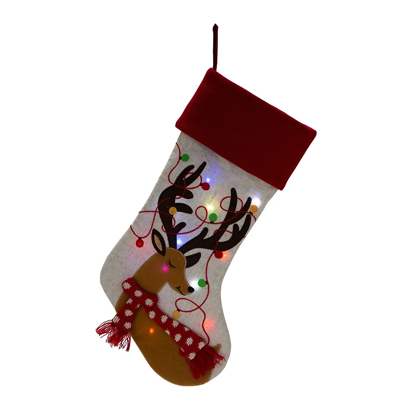 Glitzhome® 21" LED Embroidered Reindeer Linen Christmas Stocking