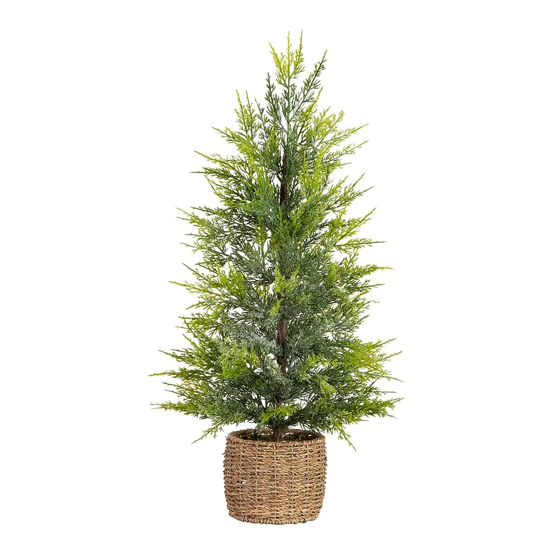 32in. Pre-Lit Artificial Lightly Snowed Cypress Christmas Tree with 30 Warm White LED Lights in Decorative Weaved Basket