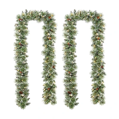 Glitzhome® 9ft. Pre-Lit Frosted Greenery Pinecones Christmas Garlands with Timers, 2ct.