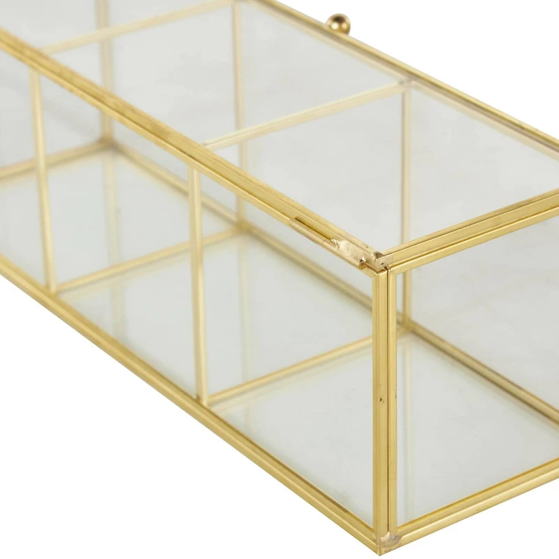 10" x 4" x 4" Clear & Gold 3-Slot Glass & Metal Slim Rectangular Jewelry Box with Chain Accent