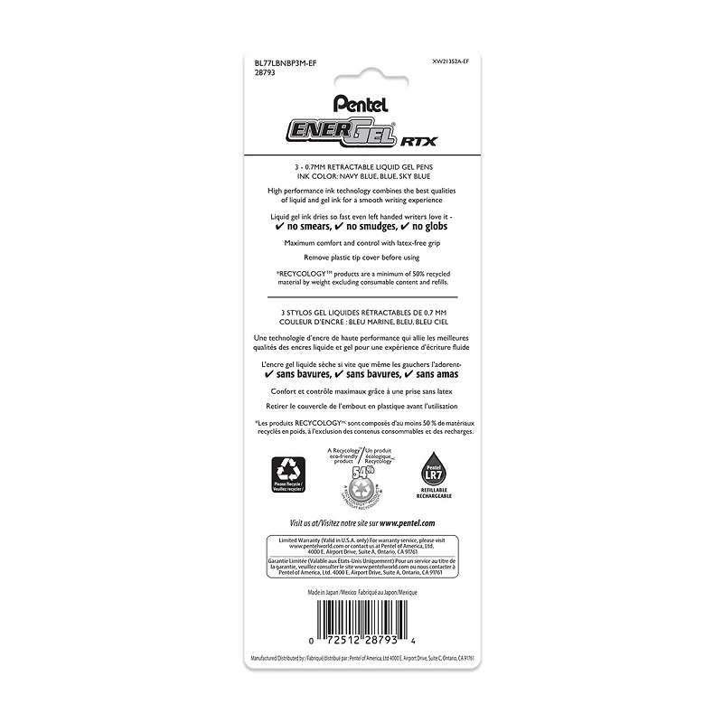 Pentel® EnerGel RTX 0.7mm Retractable Liquid Gel Pens