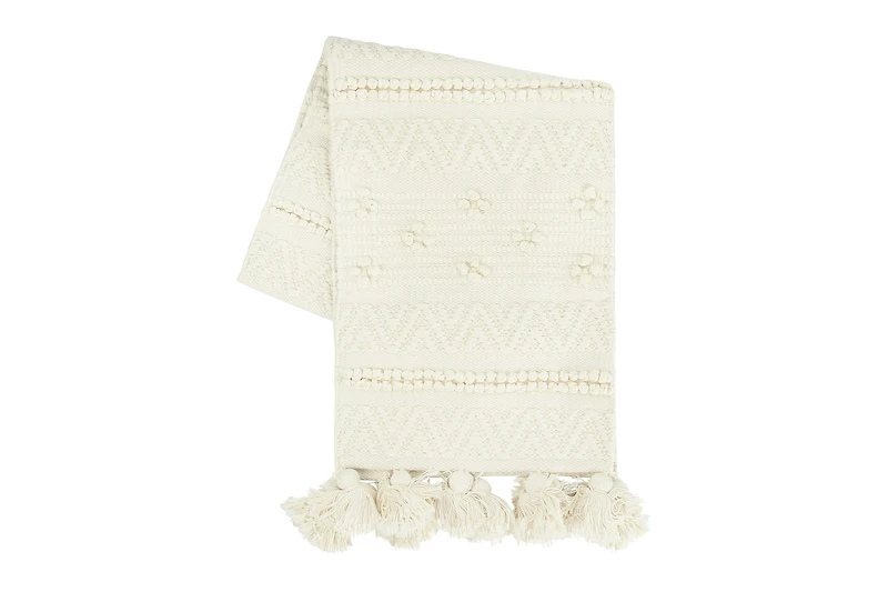 Hello Honey® 72" Cream Woven Cotton Textured Table Runner with Pom Poms & Tassels