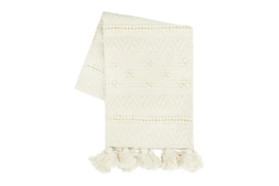 Hello Honey® 72" Cream Woven Cotton Textured Table Runner with Pom Poms & Tassels