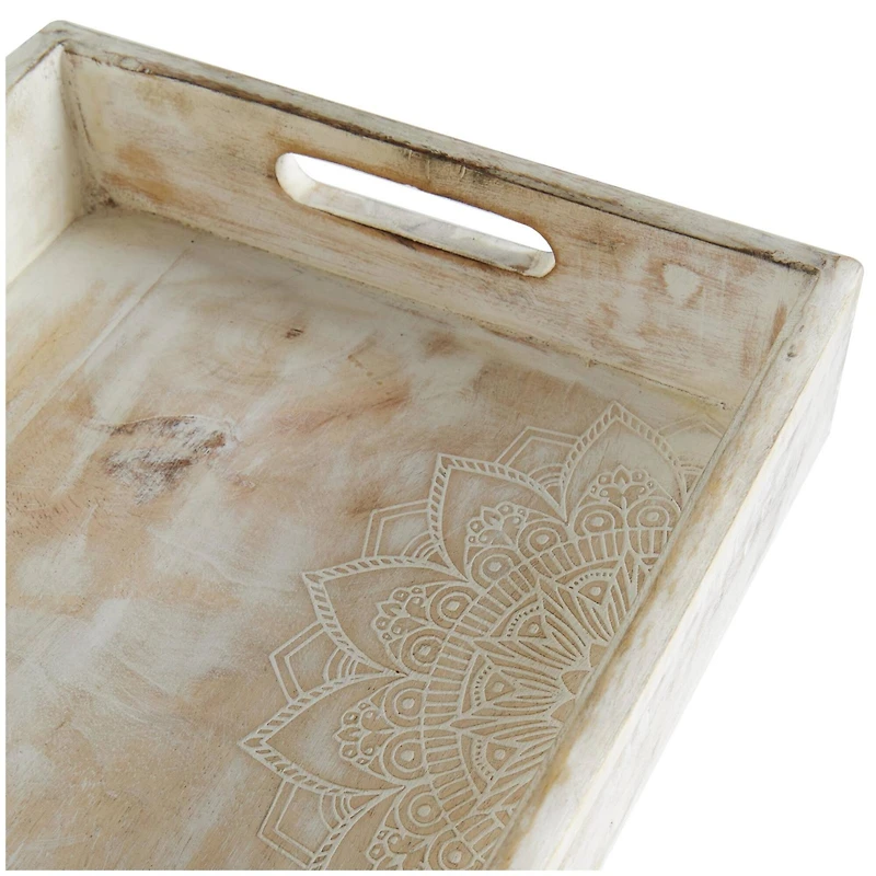 Whitewashed Carved Mandala Mango Wood Tray Set