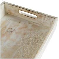 Whitewashed Carved Mandala Mango Wood Tray Set