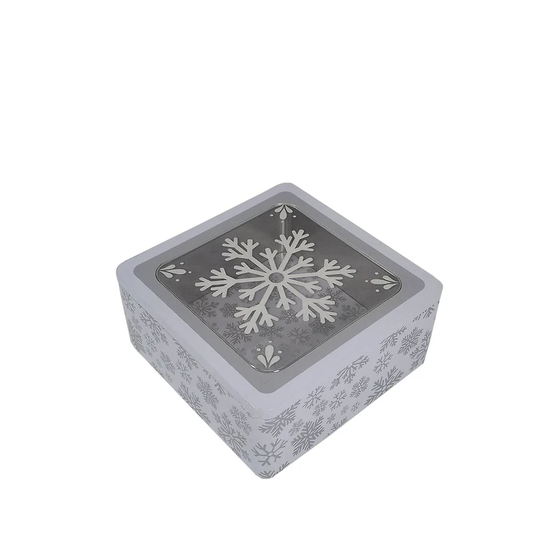 Snowflakes with Clear Window Square Christmas Tin by Makery™