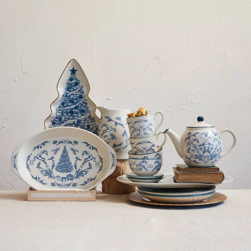 Hello Honey® 13" Blue & Cream Stoneware Christmas Tree Serving Plate with Gold Rim