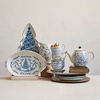 Hello Honey® 13" Blue & Cream Stoneware Christmas Tree Serving Plate with Gold Rim