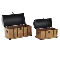 Brown Studded Storage Trunk with Black Metal Arched Tops & Vertical Strips Set