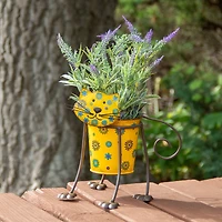 9" Yellow Floral Metal Cat Garden Planter