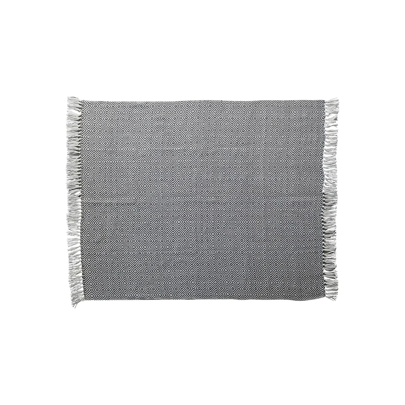 Hello Honey® Charcoal & Cream Geometric Hand-Woven Reclaimed Fabric Throw with Fringe