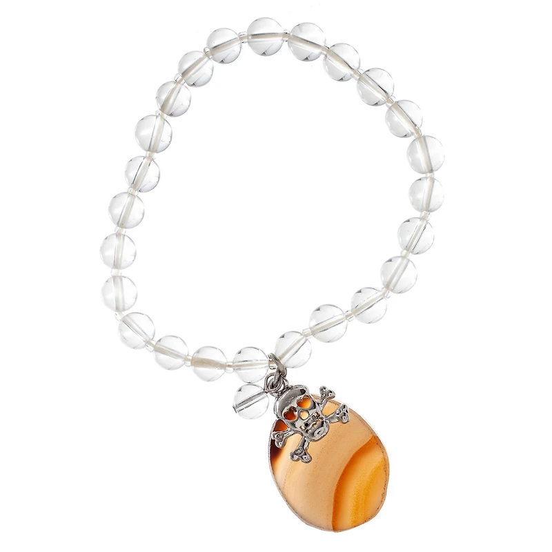 John Bead Crystal Quartz Clear Natural Stone Bracelet with Brown Agate & Skull Charm