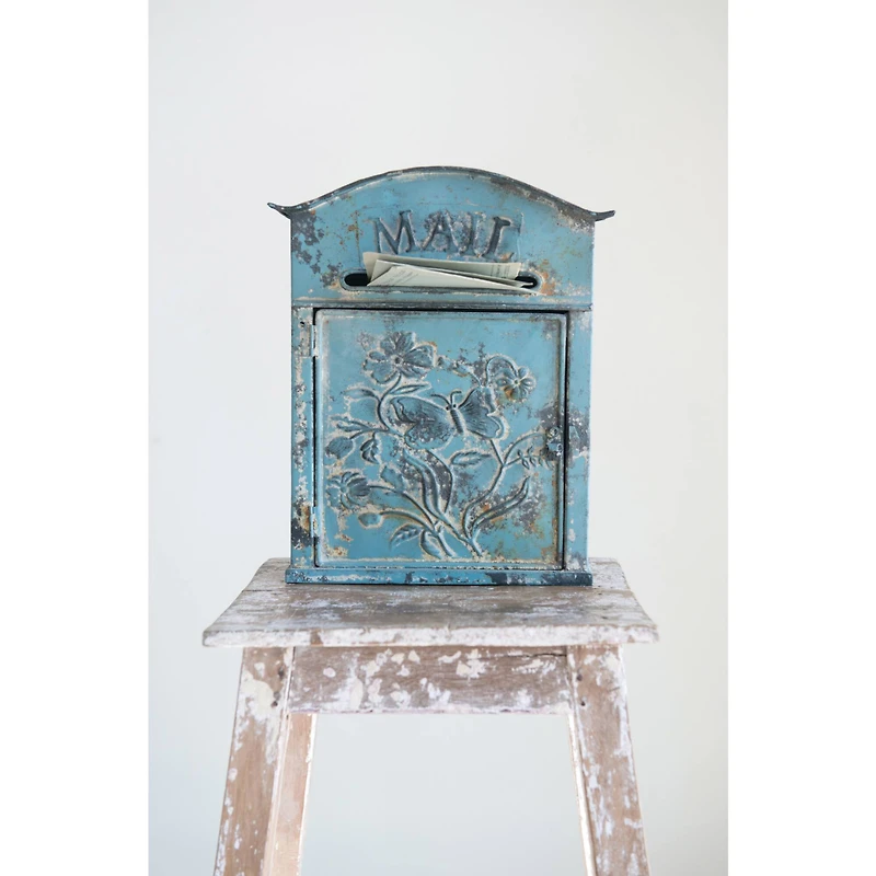Hello Honey® 12" Distressed Blue Embossed Tin Mail Box