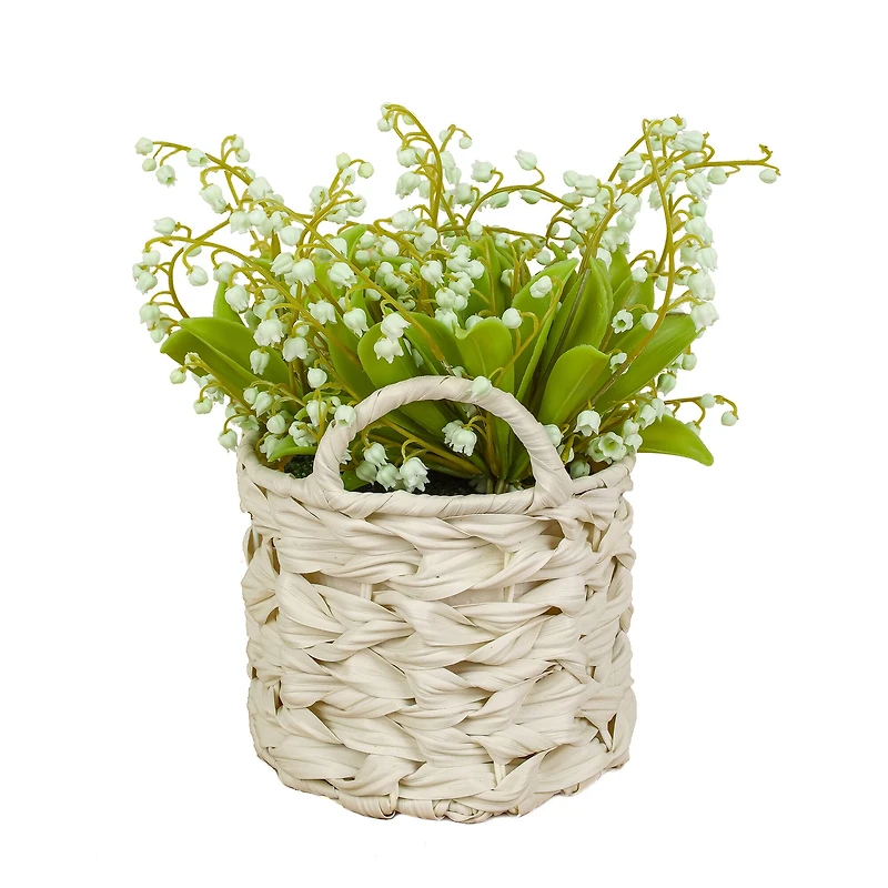 11" Lily-Of-The-Valley Flowers In White Basket