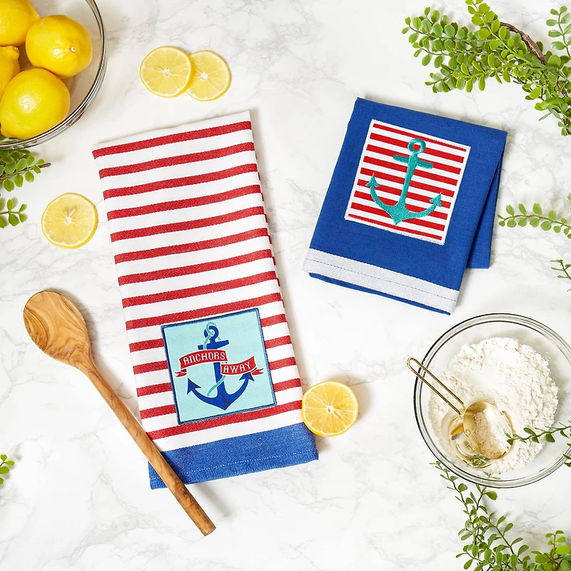 DII® Anchor's Away Collection Embellished Patch Kitchen Dishtowels, 2ct.