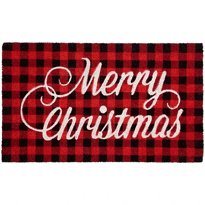 Red and Black Plaid "Merry Christmas" Natural Coir Christmas Outdoor Doormat 18" x 30"