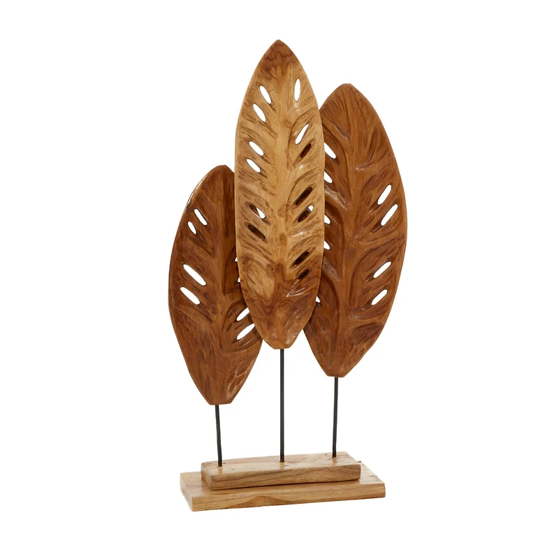 Brown Teak Wood Natural Leaves Sculpture, 23" x 12" x 5"