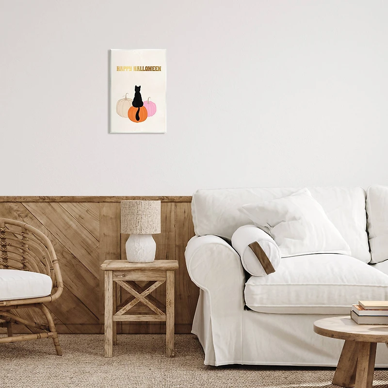 Stupell Industries Happy Halloween Black Cat Pumpkins Wall Plaque Art