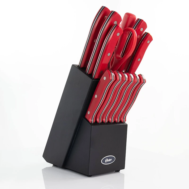 Oster Steffen 14-Piece Red Stainless Steel Cutlery Set with Hardwood Storage Block