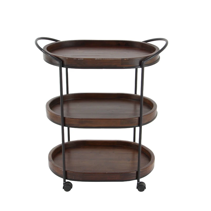 3-Tier Brown Pine & Metal Traditional Bar Cart