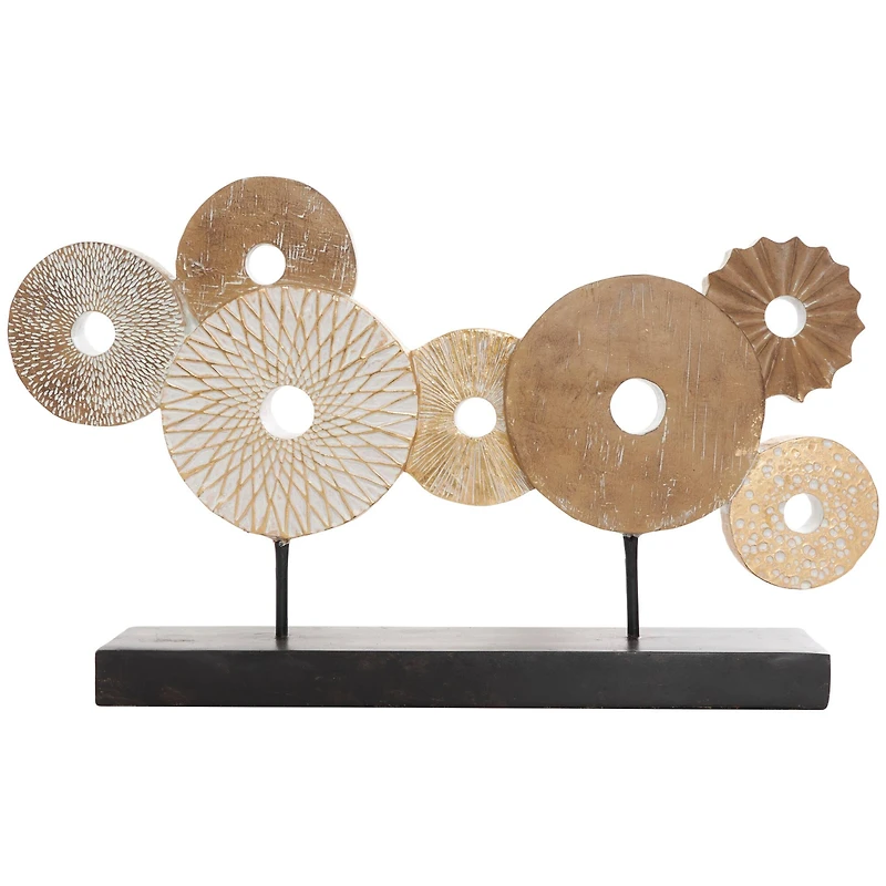 24" Beige Overlapping Carved Circle Disk Floral Sculpture with Black Stand