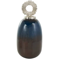 Blue Metal Ombre Decorative Jars with Brown Accents & Silver Ring Handles Set