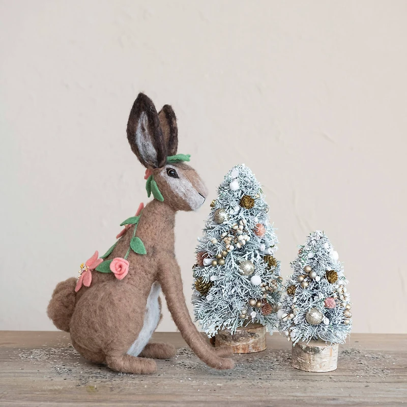 Hello Honey® 9" Frosted Ornaments, Pinecones & Glitter Christmas Tree with Wood Slice Base